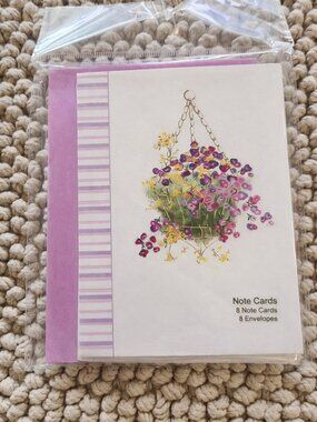 3/$15   Studio 18- Violet flowers in Hanging Basket–8 cards & envelopes NWT